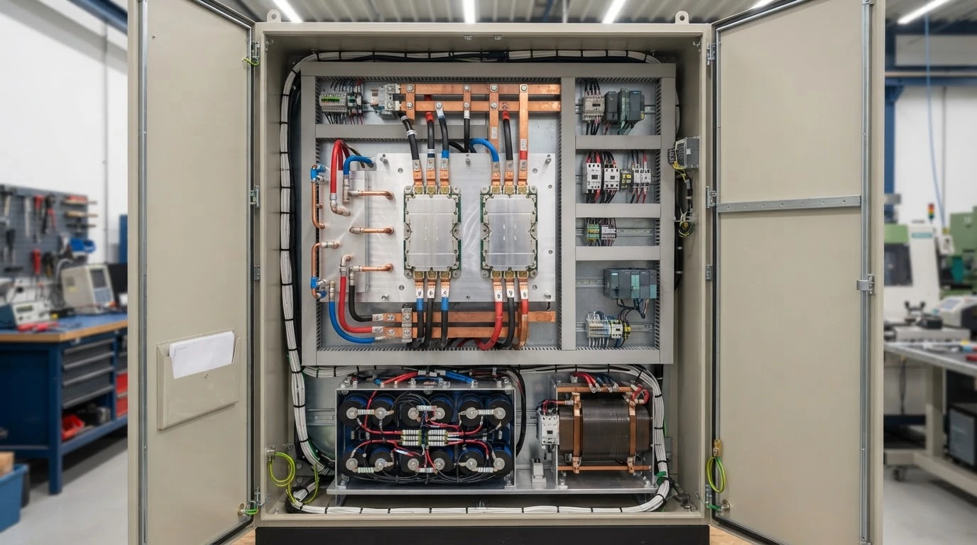Liquid-cooled power electronics inside an industrial drive cabinet