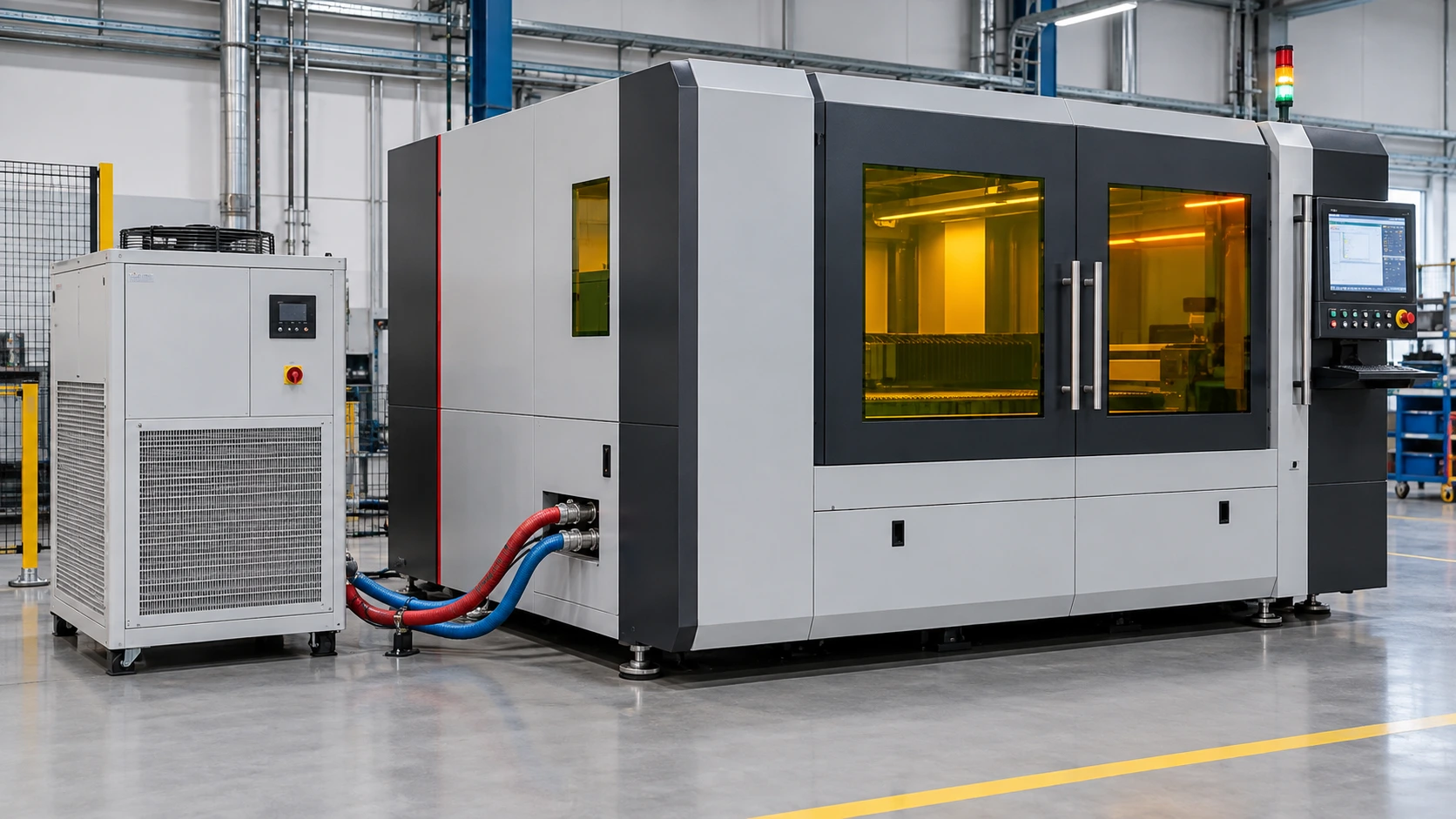 Enclosed industrial laser machine connected to a cooling cabinet