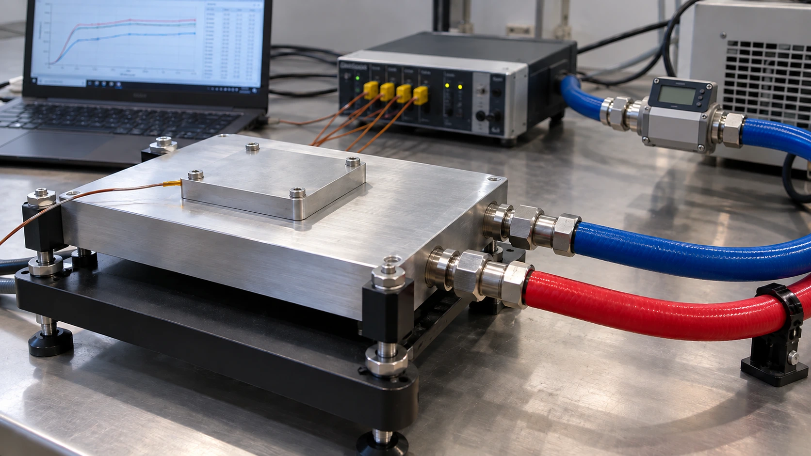 Cold plate thermal test fixture with a heater block, two coolant hoses and a horizontal electronic flowmeter