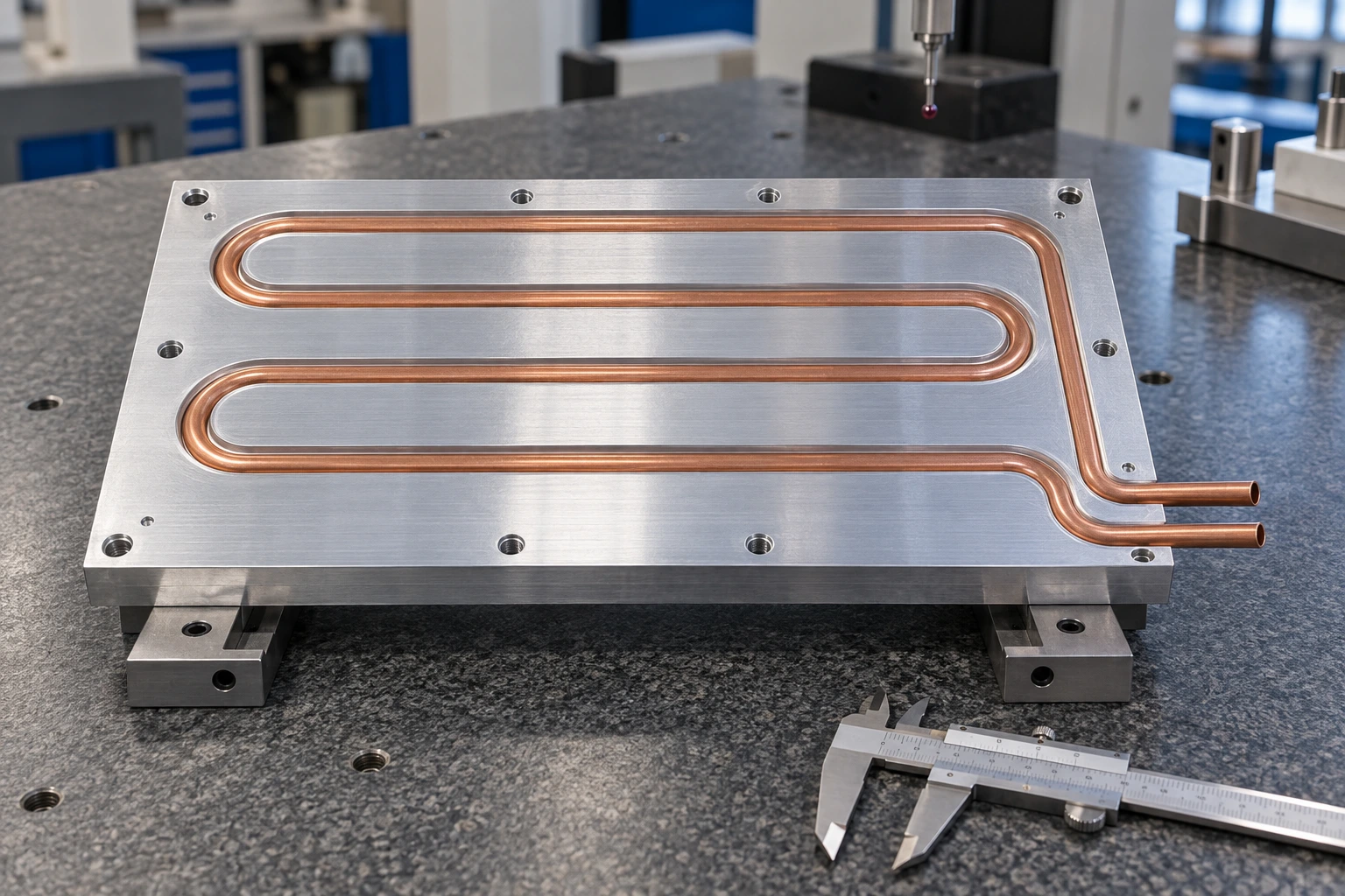 Continuous copper tube seated in an aluminum cold plate on a precision inspection fixture