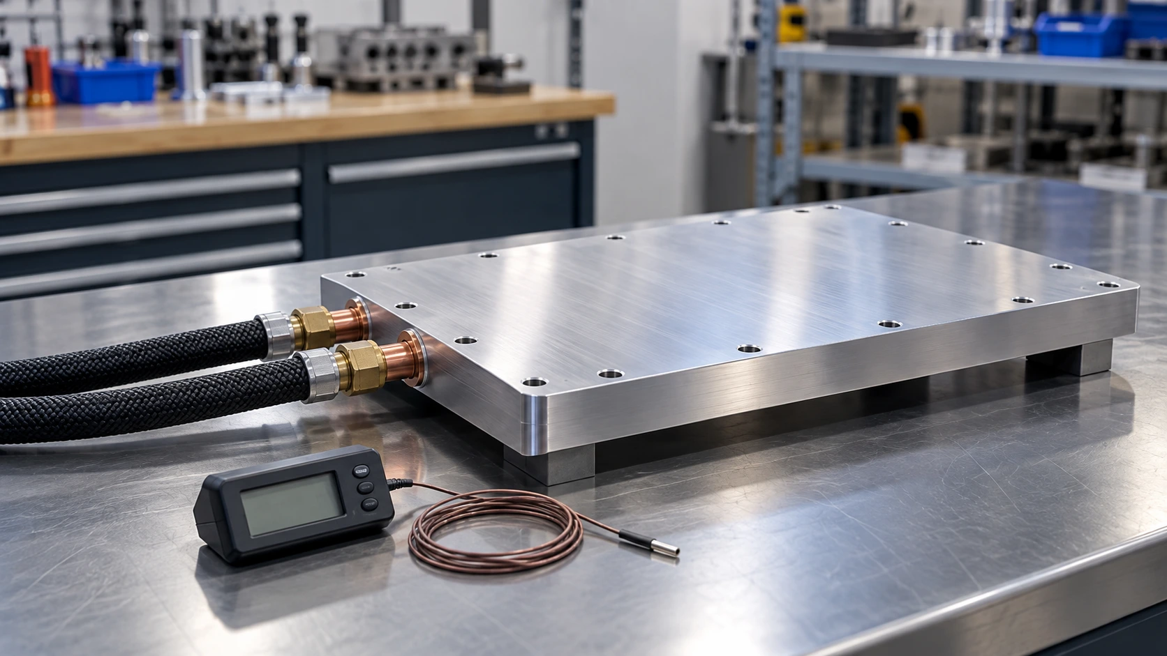 Tube-in-plate cold plate with two coolant connections on an engineering preparation bench