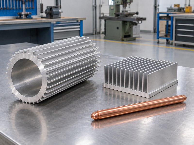 Tubular heat sink beside separate examples of a closed heat pipe and flat finned sink