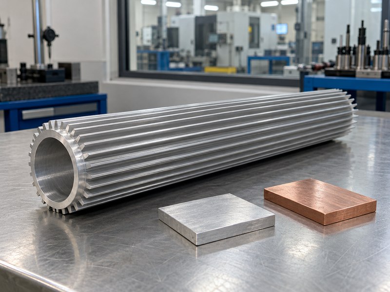 Tubular heat sink aluminum samples beside separate material coupons