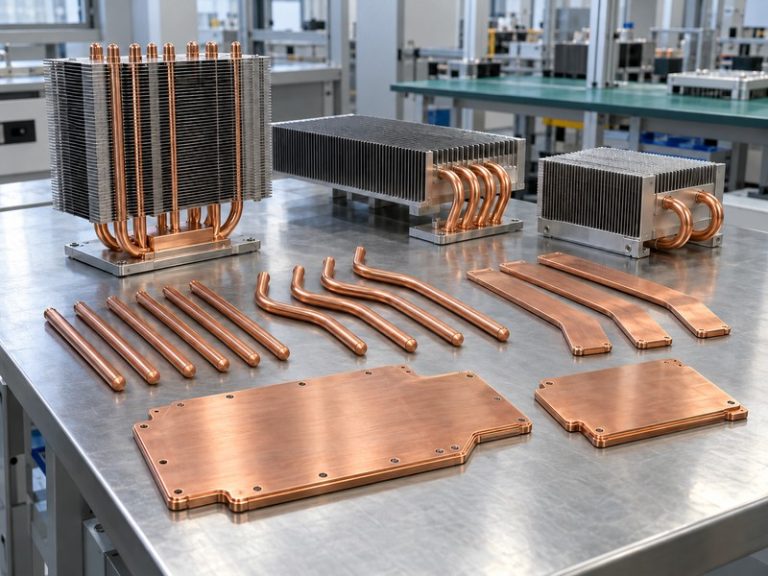 types of heat pipes arranged by geometry on a workshop bench