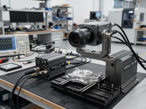 Industrial vision inspection camera and edge image processing hardware enclosure on an automation testing bench