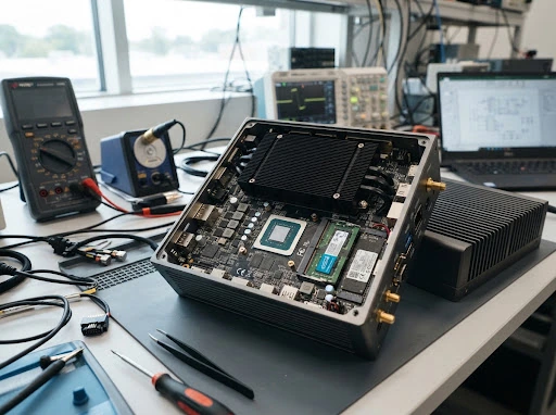 Ruggedized edge AI computing hardware unit with exposed heatsink assembly and processor circuit board on an engineering bench