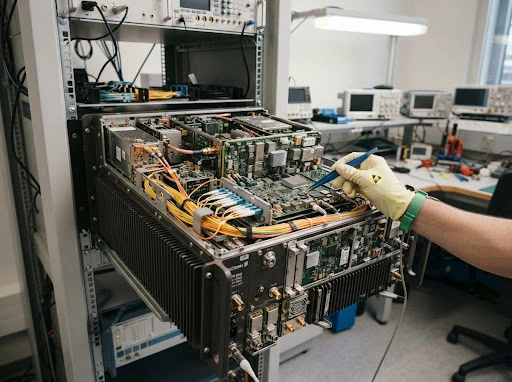 Telecom rack-mount modular equipment chassis and transceiver electronics opened for engineering inspection
