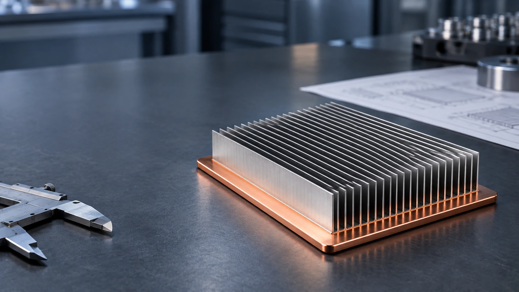 Custom vapor chamber heat sink assembly on workbench