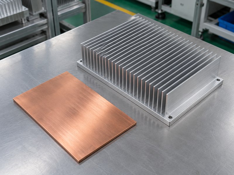 Aluminum heat sink and separate copper spreader on a comparison bench
