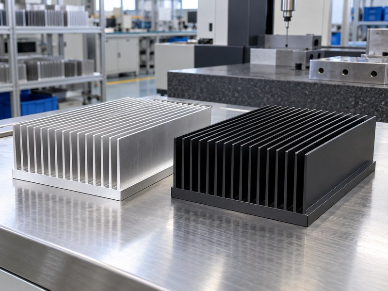 Bare and dark anodized aluminum heat sinks of matching geometry