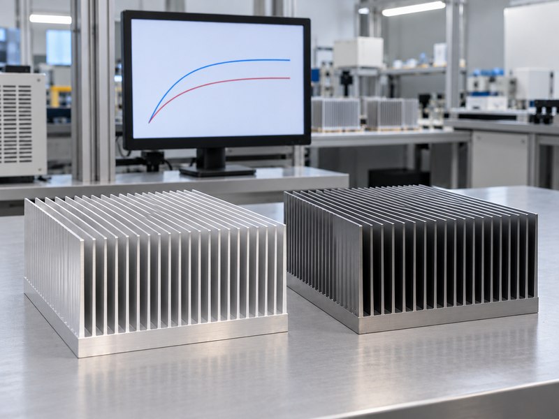 Illustrative thermal comparison chart beside two finished sample heat sinks