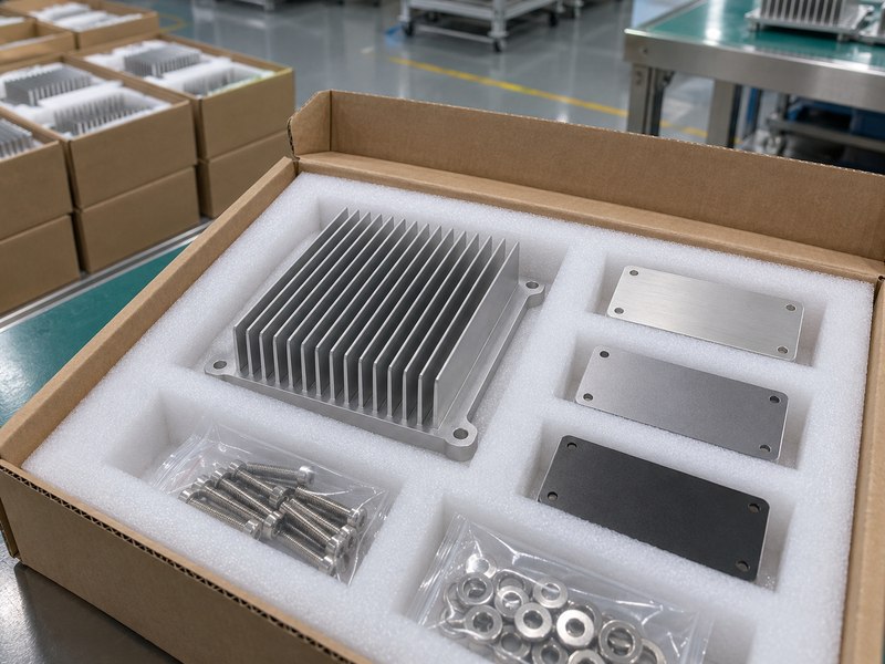 Finished aluminum heat sink and protected inspection samples in packaging
