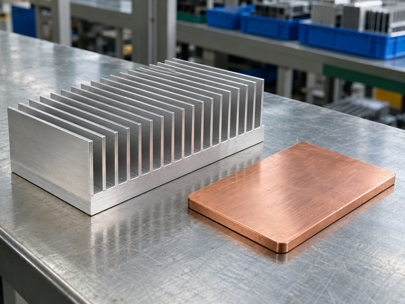 Aluminum finned heat sink beside a copper heat spreader
