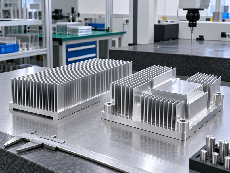 Finished integral extruded heat sink beside a machined aluminum part