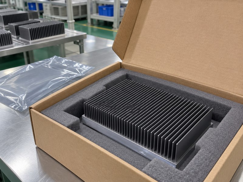Protected finished heat sink packed in a fitted foam tray