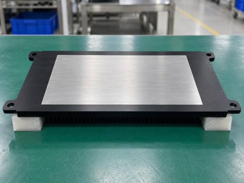 wholesale anodized heat sink factory — masked silver contact surface on a black anodized heat sink
