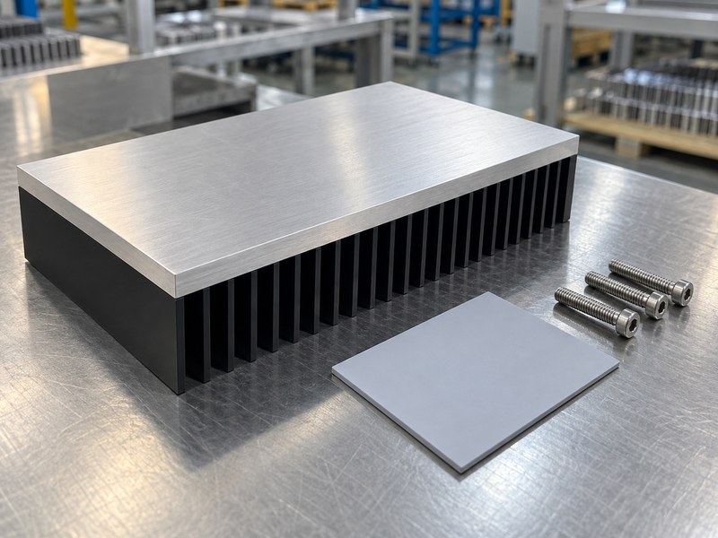 wholesale anodized heat sink factory — machined heat sink base beside a thermal pad and mounting screws