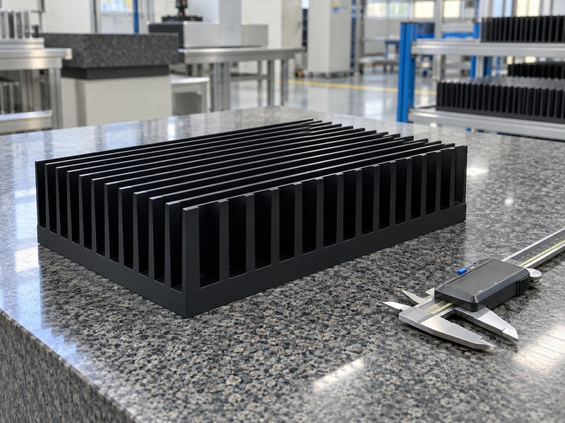 wholesale anodized heat sink factory — black anodized heat sink on a granite inspection surface