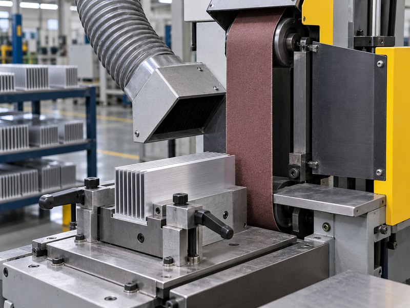 Wire drawing aluminum heat sink secured beside an idle belt finishing station
