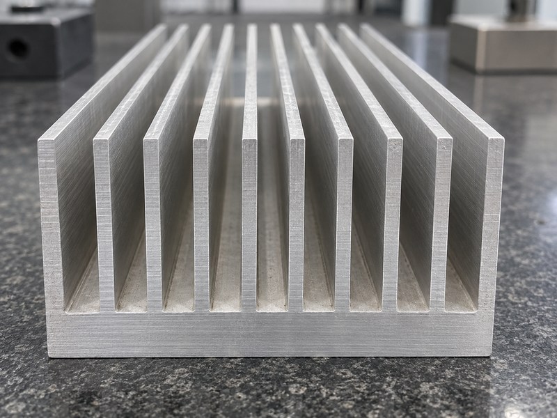 Wire EDM aluminum heat sink end view showing open through channels and an intact base