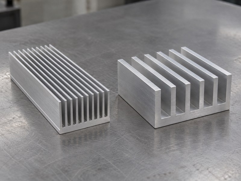 Wire EDM aluminum heat sink design comparison with narrow and wide straight fin channels