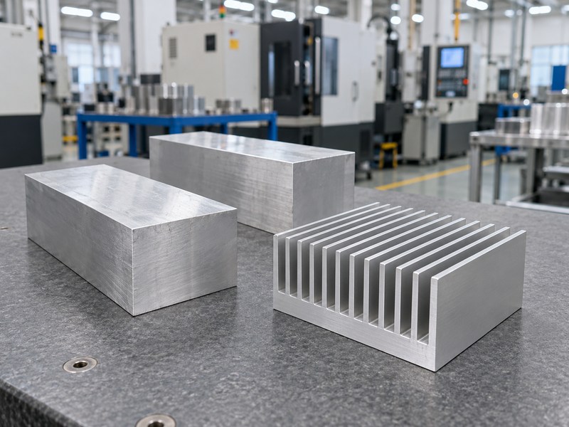 Wire EDM aluminum heat sink sample beside unmarked aluminum stock blanks