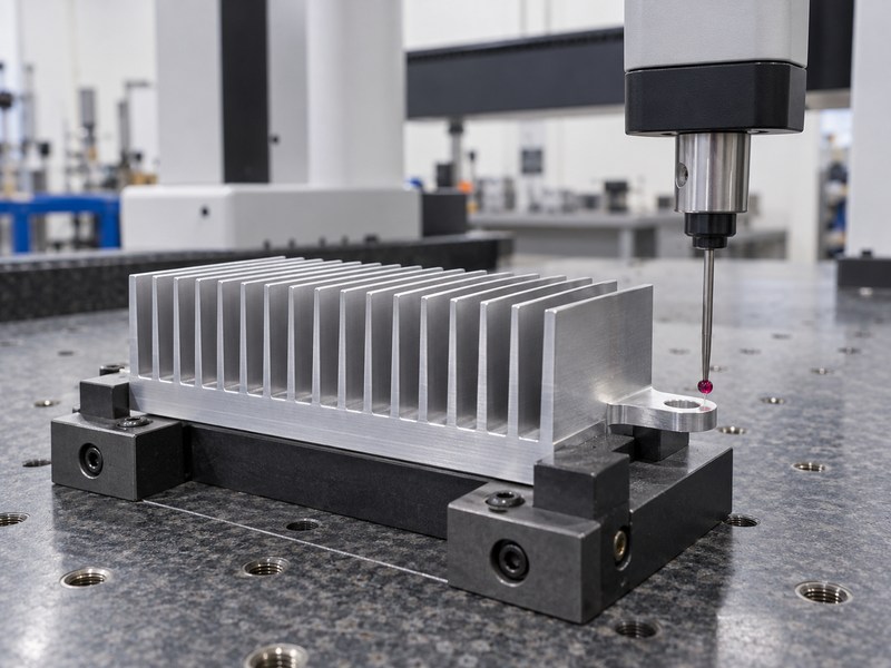 Wire EDM aluminum heat sink inspection setup with a probe near a base mounting land