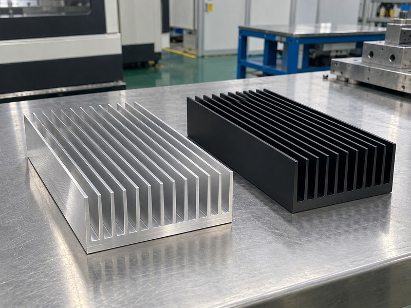 Wire EDM aluminum heat sink samples showing bare aluminum and black surface finishes