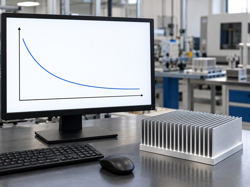 Wire EDM aluminum heat sink beside a conceptual unmeasured thermal trend chart