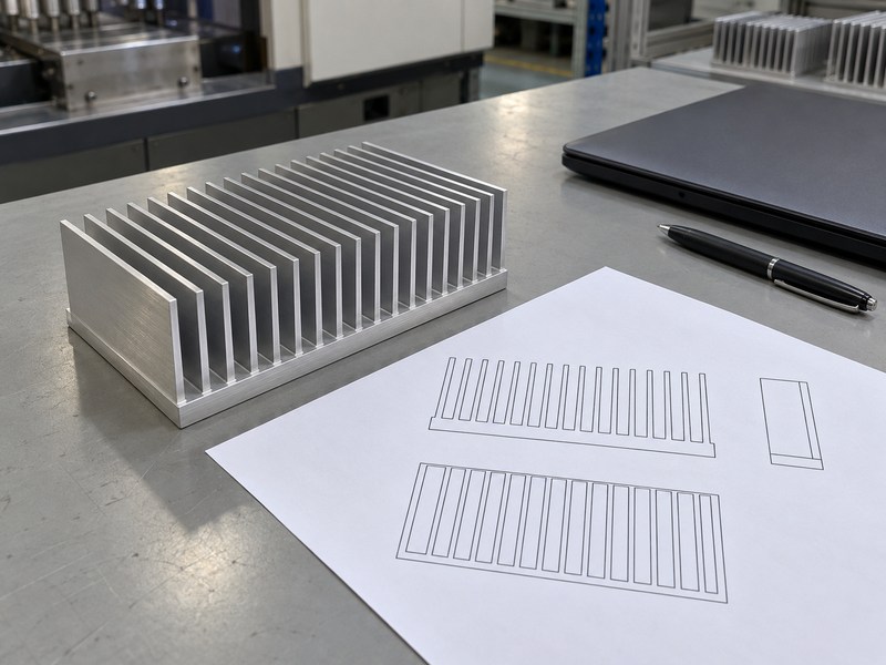 Wire EDM aluminum heat sink sample beside an illustrative geometry drawing for RFQ review