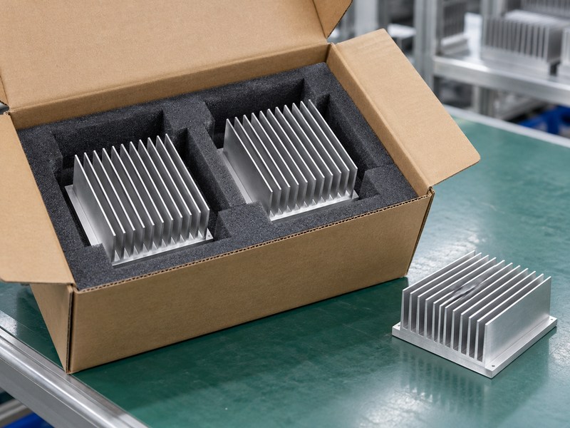 Wire EDM aluminum heat sink samples protected in separate foam packaging compartments
