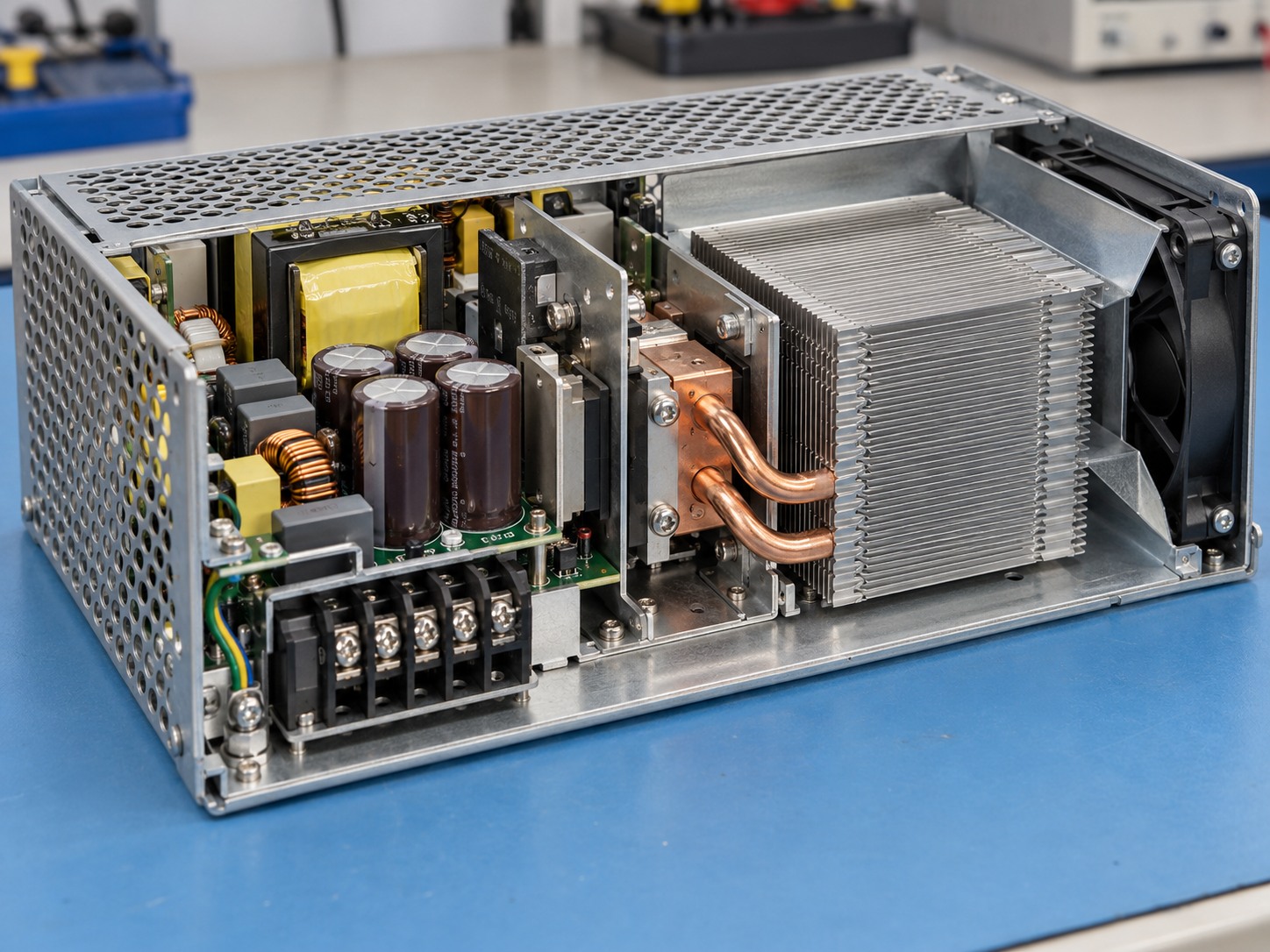 Industrial power supply with zipper fin cooling and a chassis fan