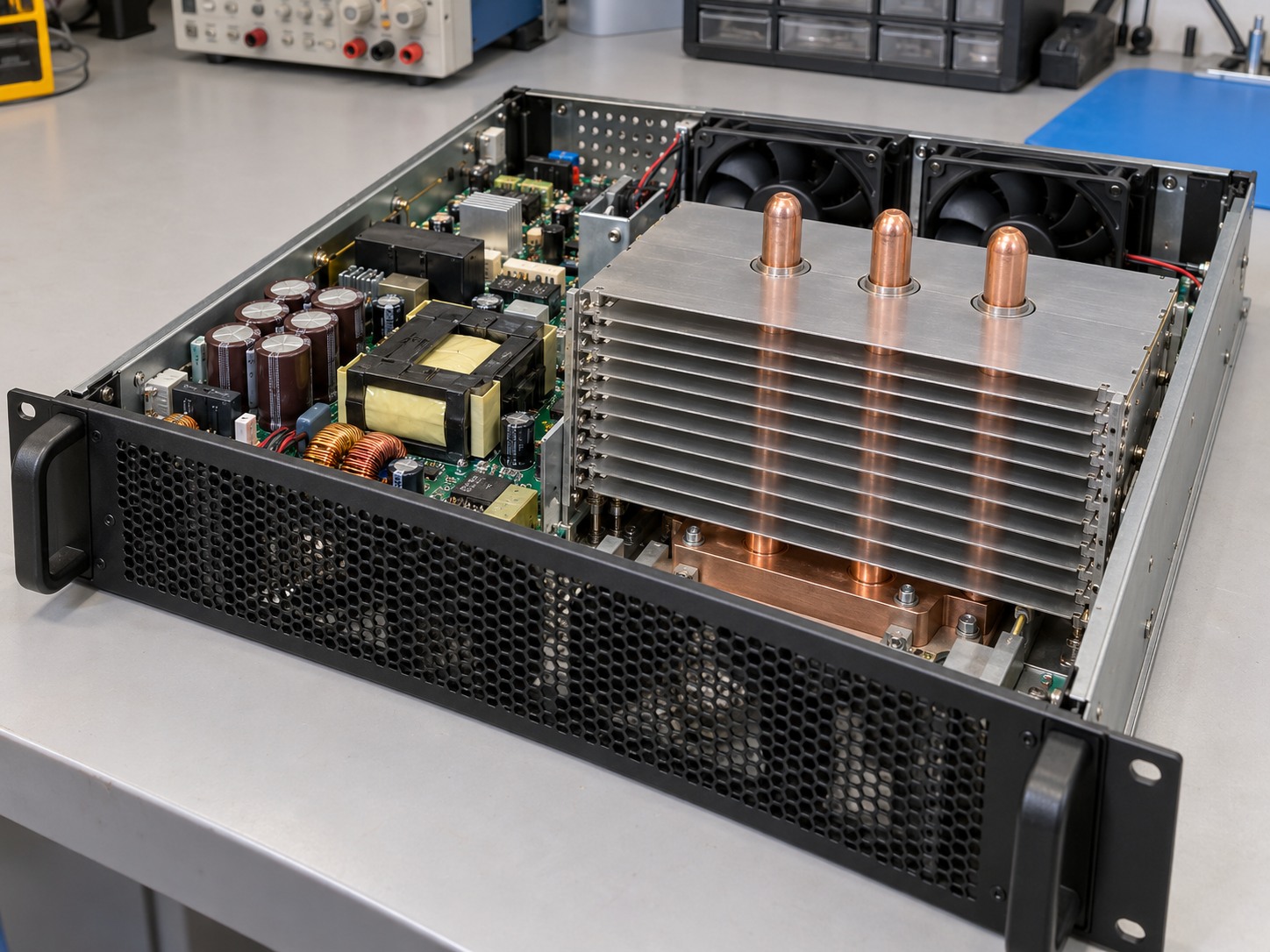 Telecom rectifier module with horizontal zipper fins, sealed copper heat pipes and rear fans