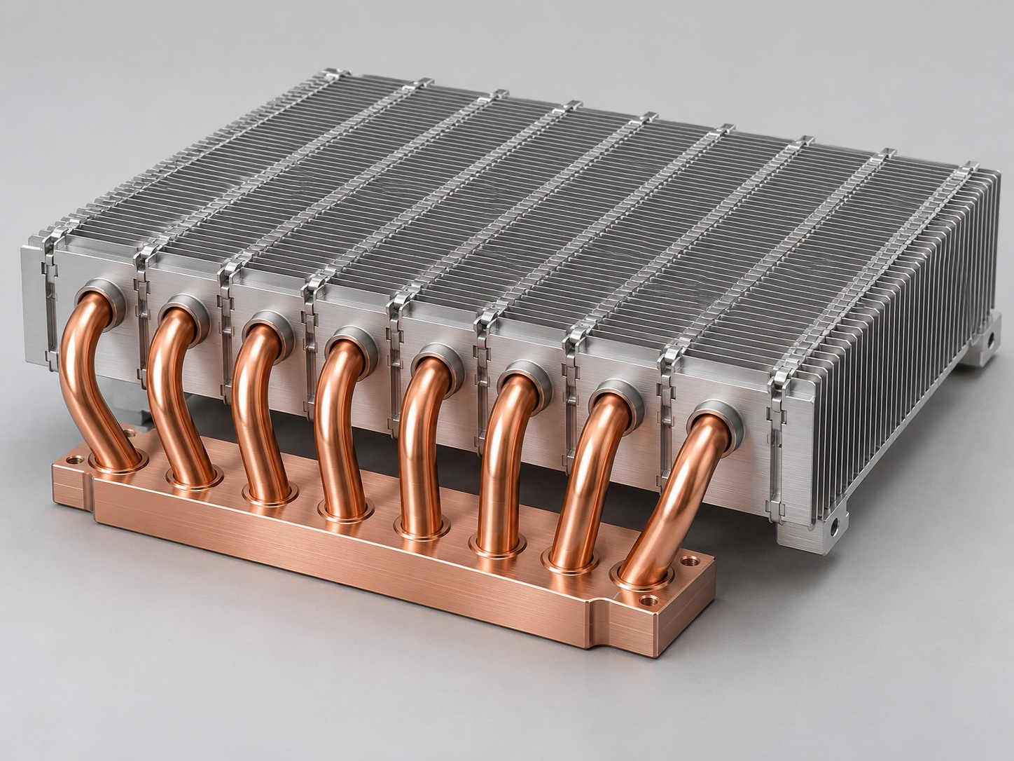 Low-profile zipper fin assembly with eight copper heat pipes and a copper contact base