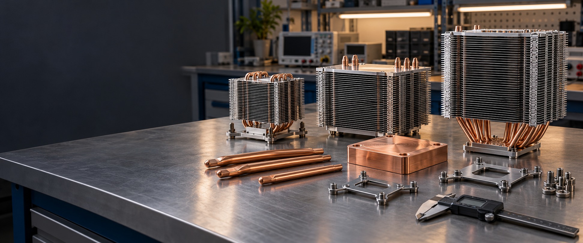 Thermal engineering workbench with zipper fin assemblies, heat pipes and mounting parts