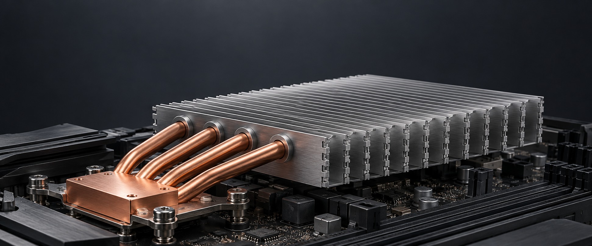 Aluminum zipper fin heat sink with copper heat pipes and a machined contact block