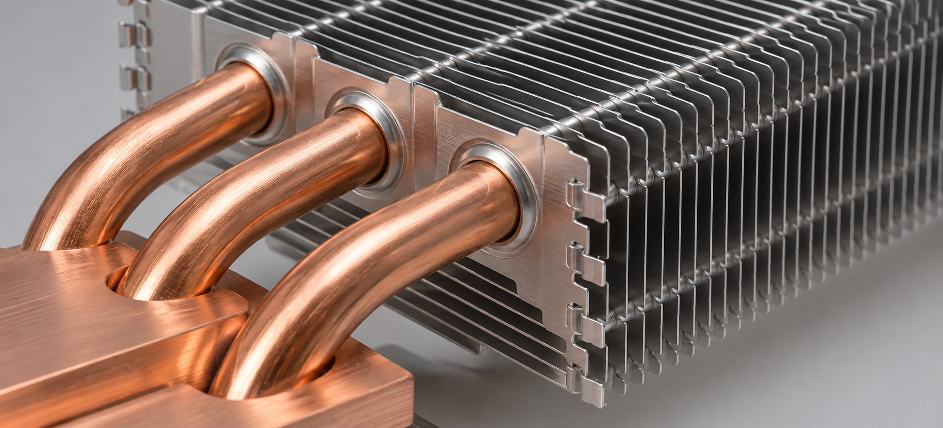 Close-up of copper heat pipes fitted through formed aluminum fin collars