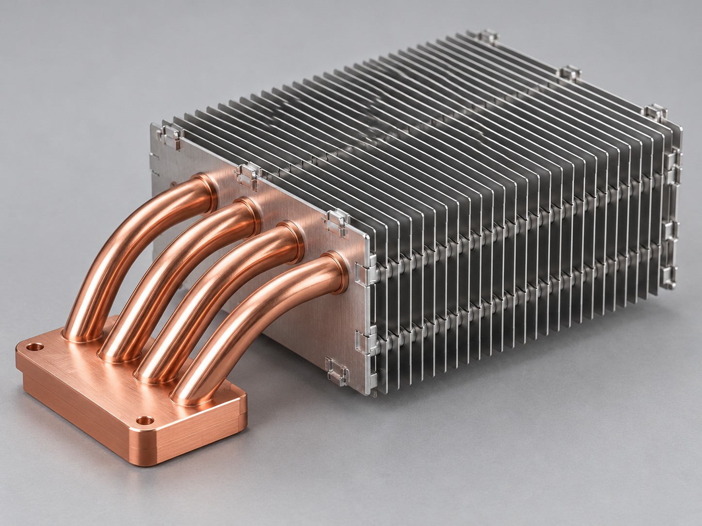 Interlocking aluminum fin stack connected to a copper contact base by four heat pipes